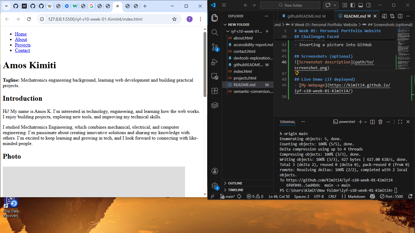 Home page preview for portfolio website